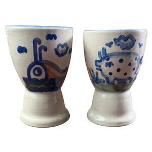 M.A. Hadley Nautical Wale Cow "Low Tide/The End" Ceramic Egg Cups - 2.75" Tall